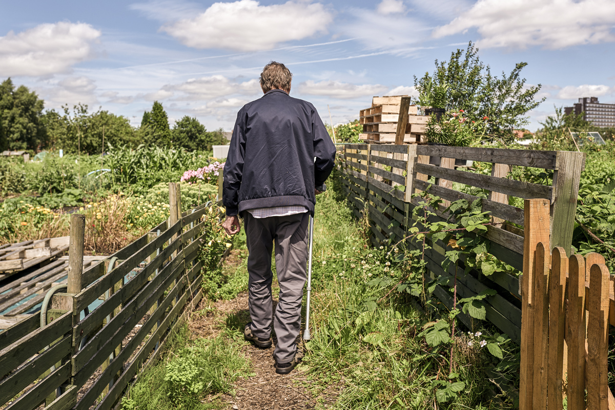 Man walking across an allotment