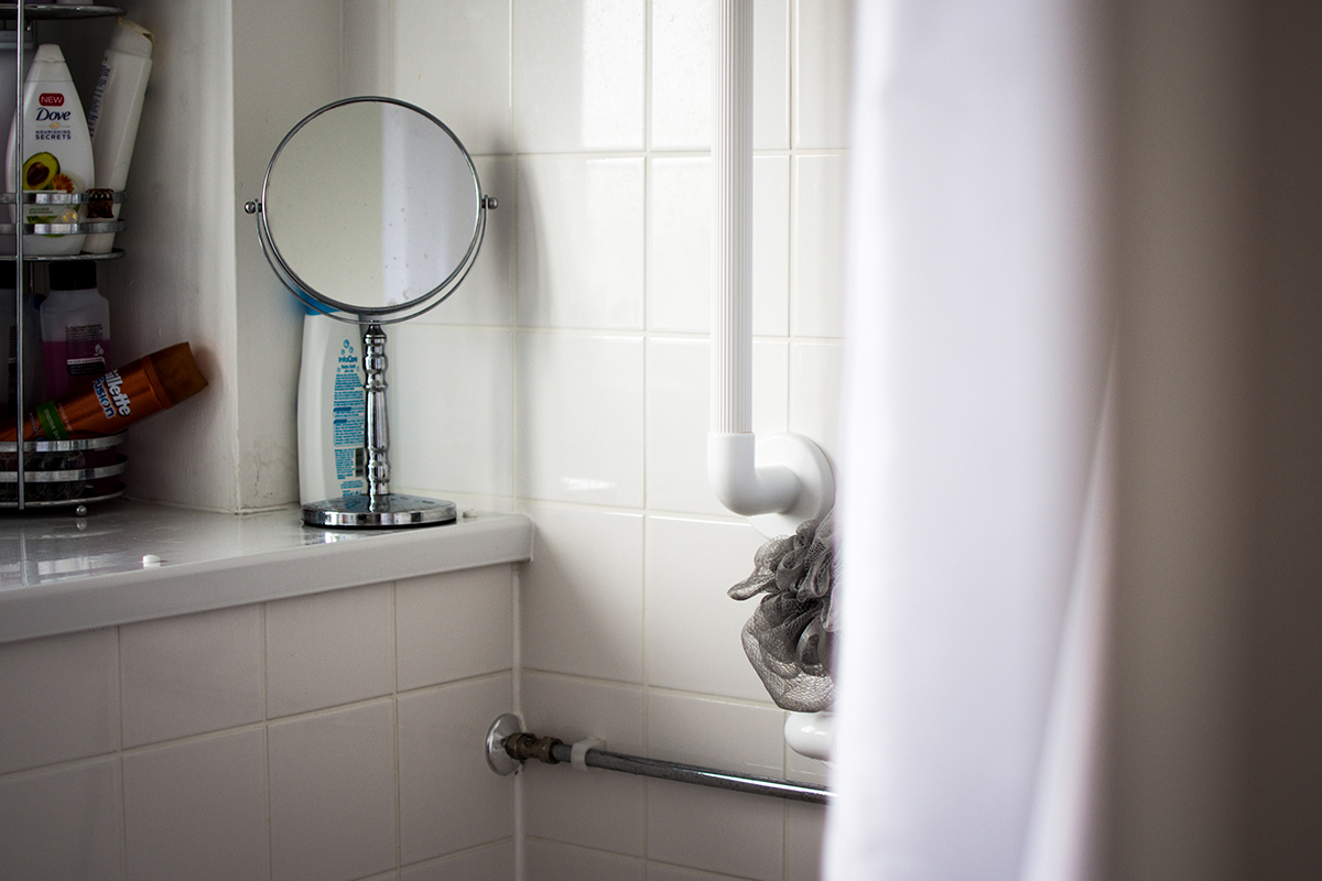 A handrail in a shower