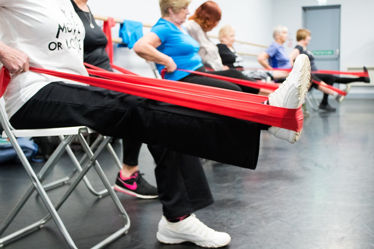 Women seated in exercise class using stretch bands on their legs.