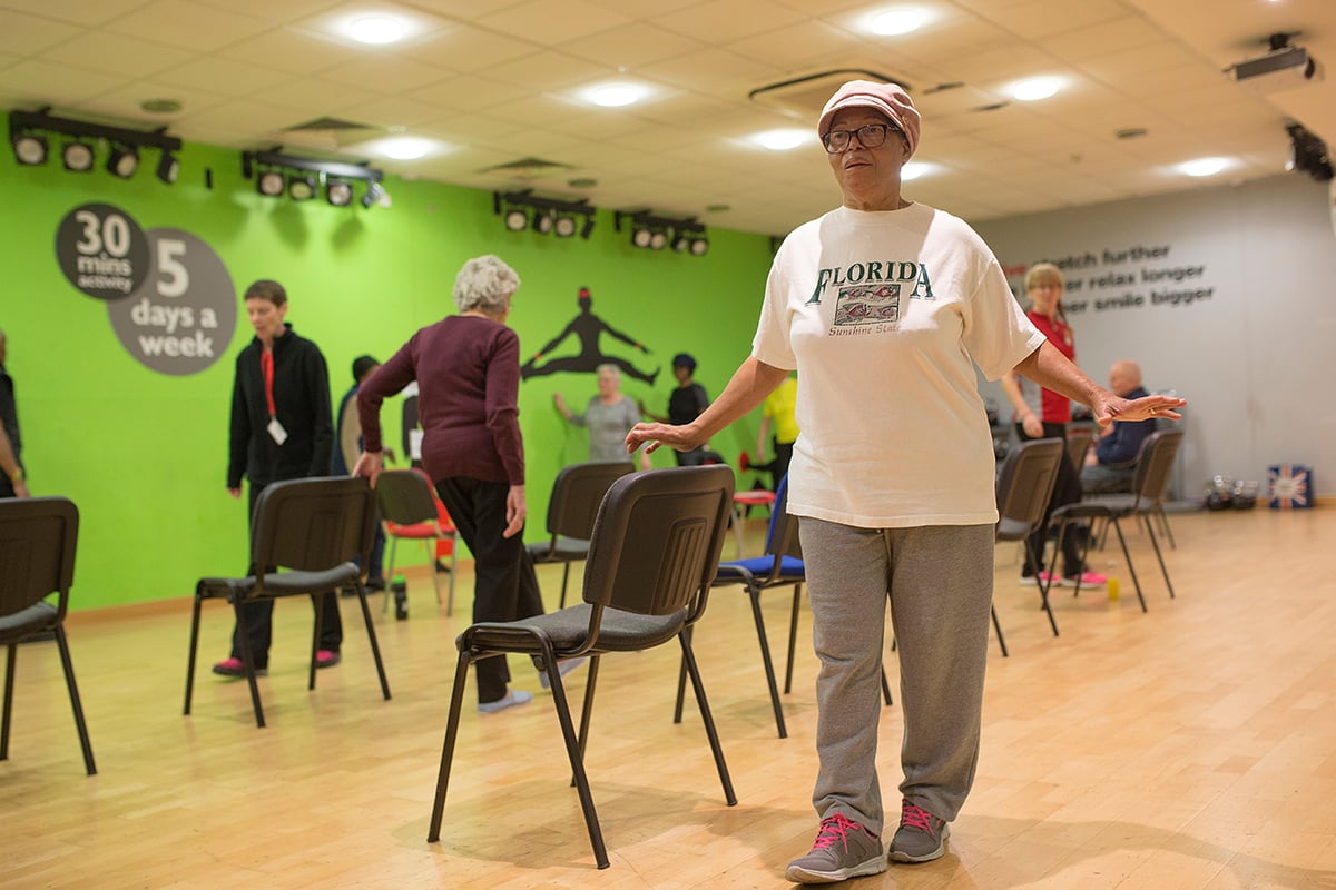 Elderly people doing a strength and balance class.
