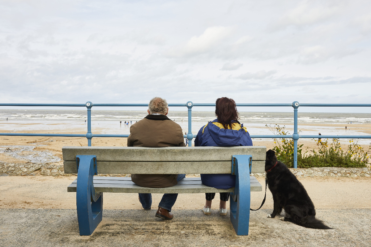 an older couple with their dog, sitting on a bench looking out to sea