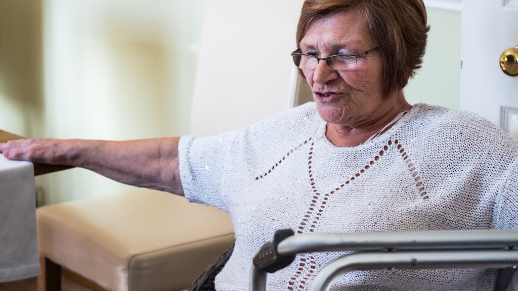 Lady sitting beside a zimmerframe