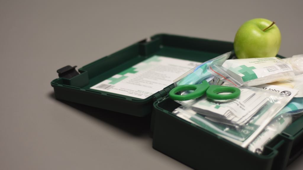 Open first aid kit with a green apple in it.