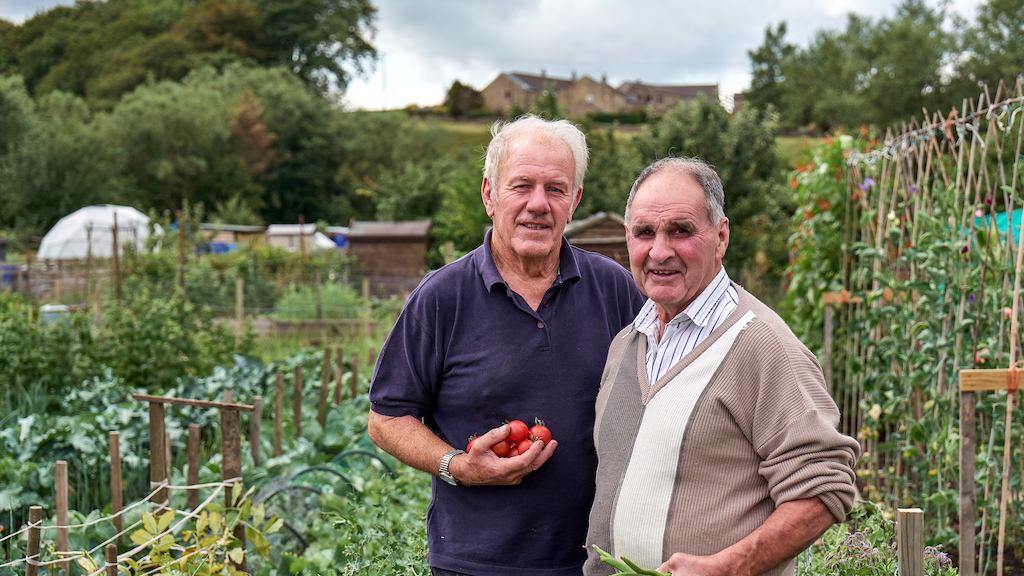 two male volunteer gardeners in a community allotment