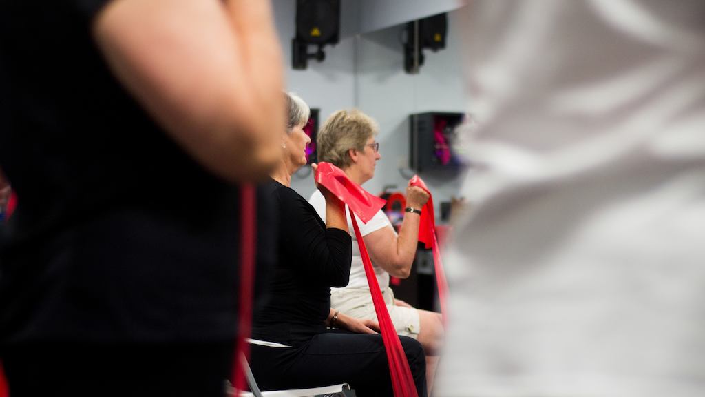 Strength and balance class with resistance band