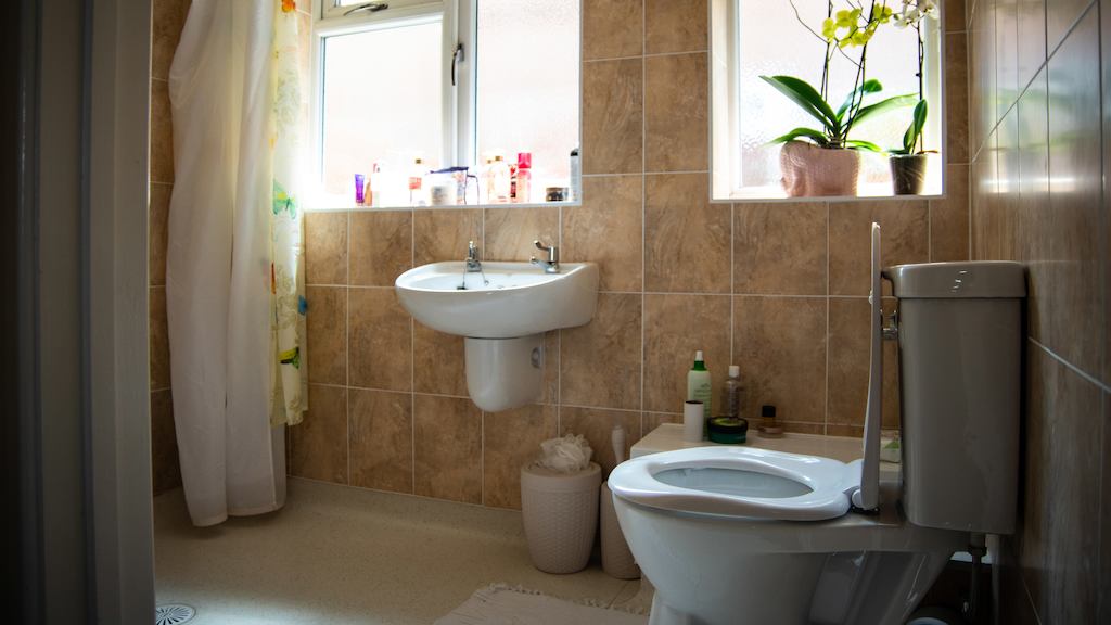 Bathroom with level shower and accessible lever taps