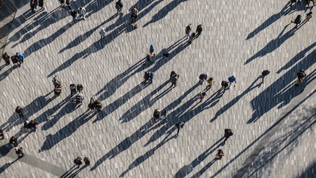 Bird's eye view of people in a square