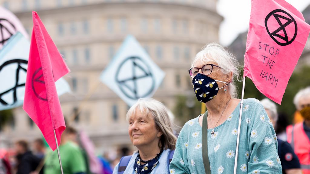 Older pair protesting with signs