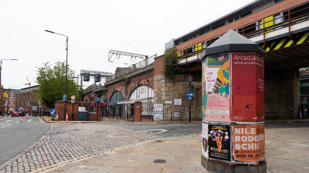 An image of a rail bridge and postbox in Leeds