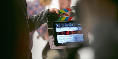 A film set with a clapboard