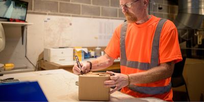 An older male worker in a hi-vis orange jacket seals up a cardboard box