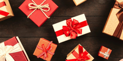 Wrapped presents laid out across the floor