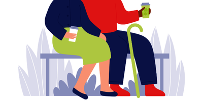 Illustration of an older man and woman on a bench