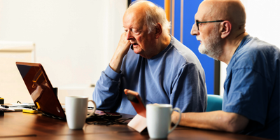 Two older men look at a laptop together