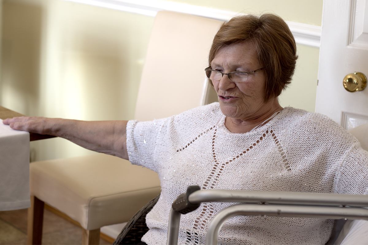 Lady seated with zimmerframe