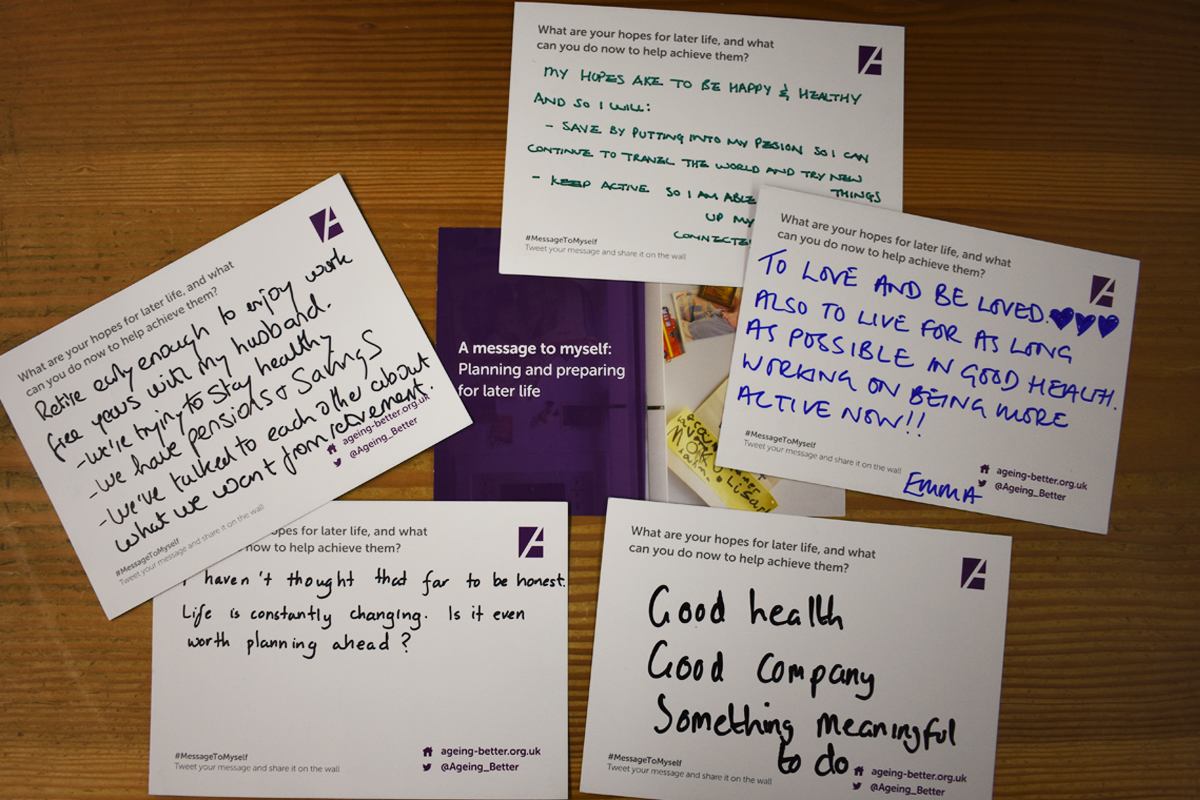 Postcards with messages on people's wishes for their later life