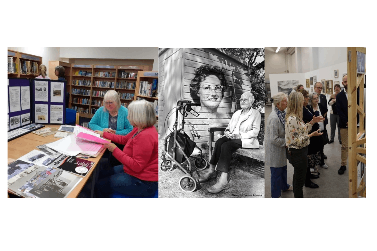 L: Residents in Cheshire West and Chester looking at old photographs and maps supplied by Archives and Heritage team. C: Photos by Louise Ahrens as part of Bournemouth, Christchurch and Poole’s “Reflections” exhibition. R: Salford’s “Our pride in place” exhibition.