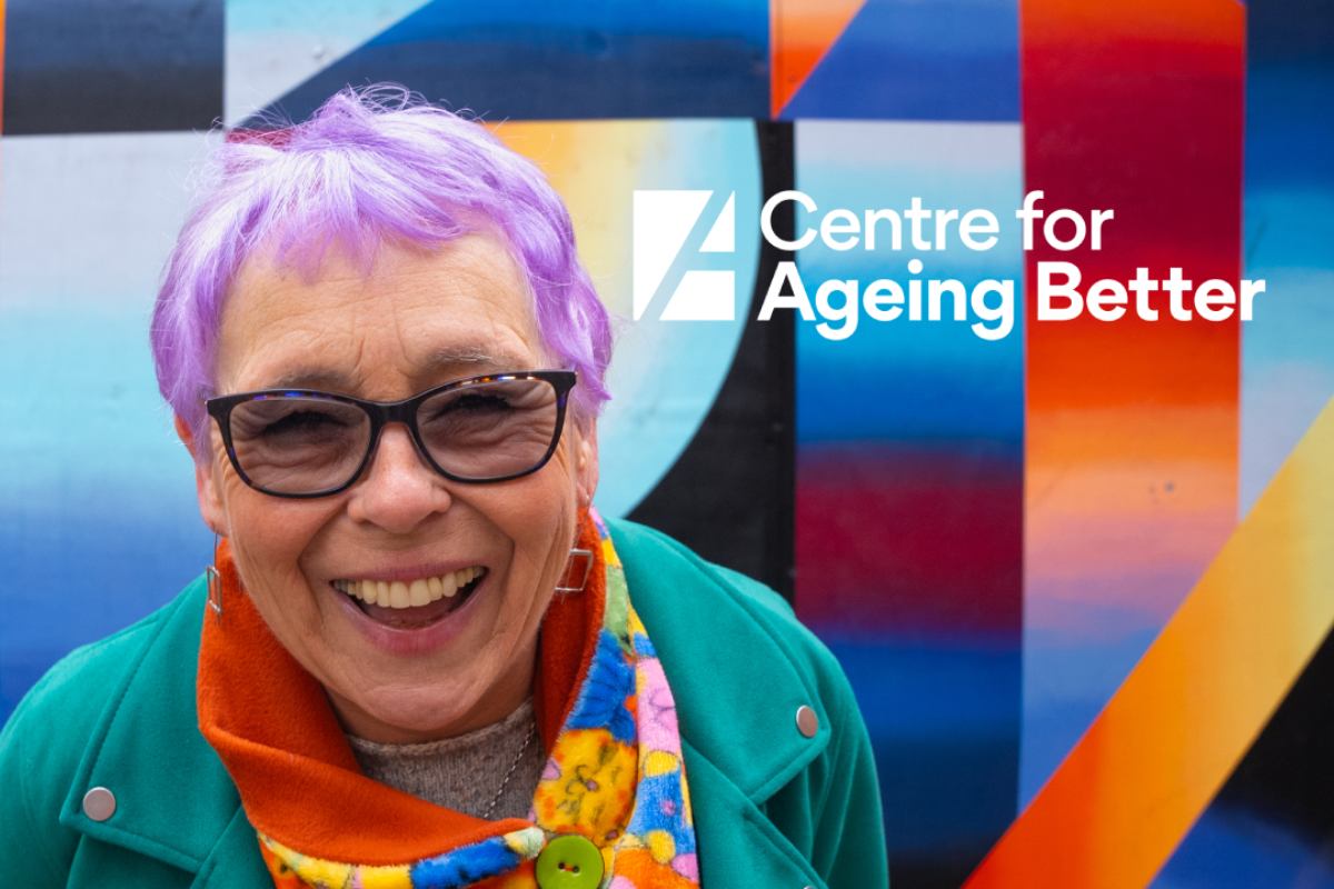 Older woman with purple hair