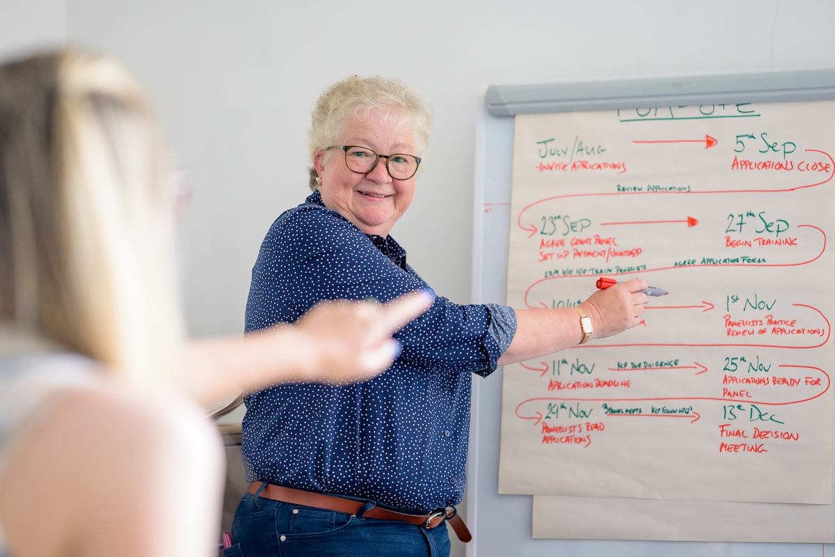 Person showing another person some writing on a whiteboard