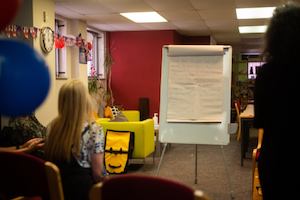 workshop with a whiteboard