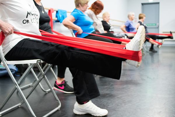 Women seated in exercise class using stretch bands on their legs.