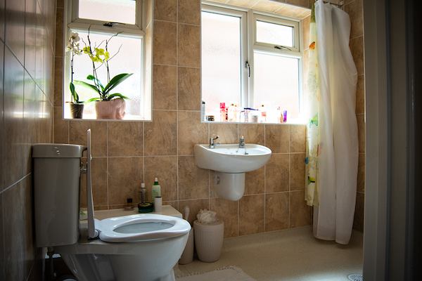 Bathroom with level shower and accessible lever taps