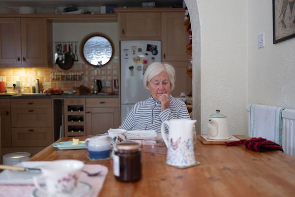 Older woman sitting by a table in her home