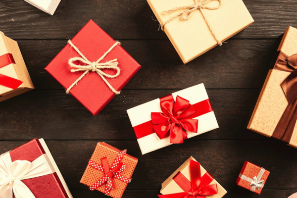 Wrapped presents laid out across the floor