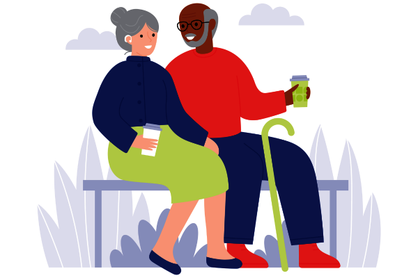 Illustration of an older man and woman on a bench