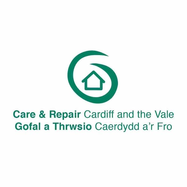 Care and repair Cardiff and the vale logo. Green swirl with house inside. Also written in welsh: 'Gofal a Thrwiso. Caerdydd a'r Fro'